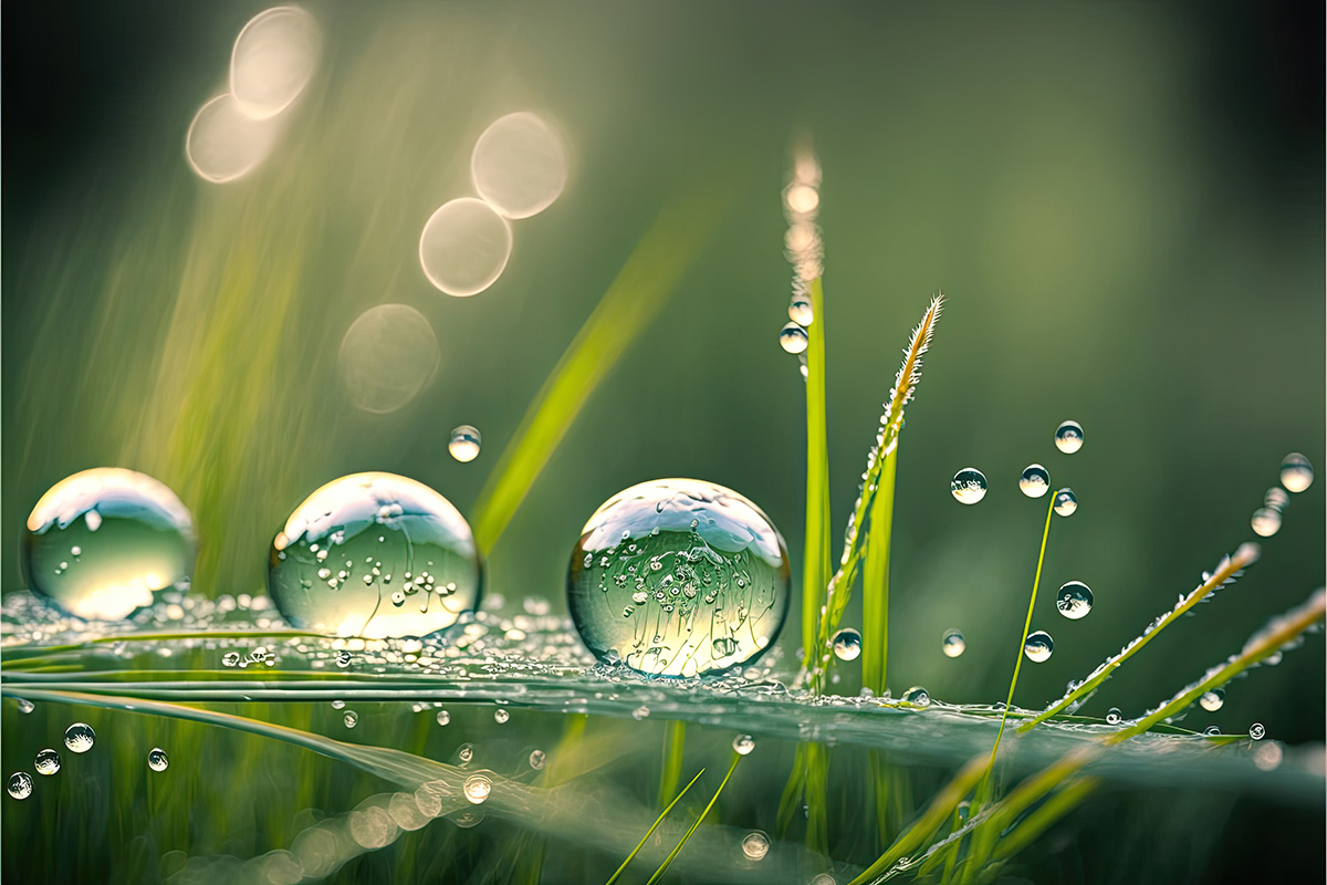 Drei Wassertropfen auf einem Blatt in der Sonne